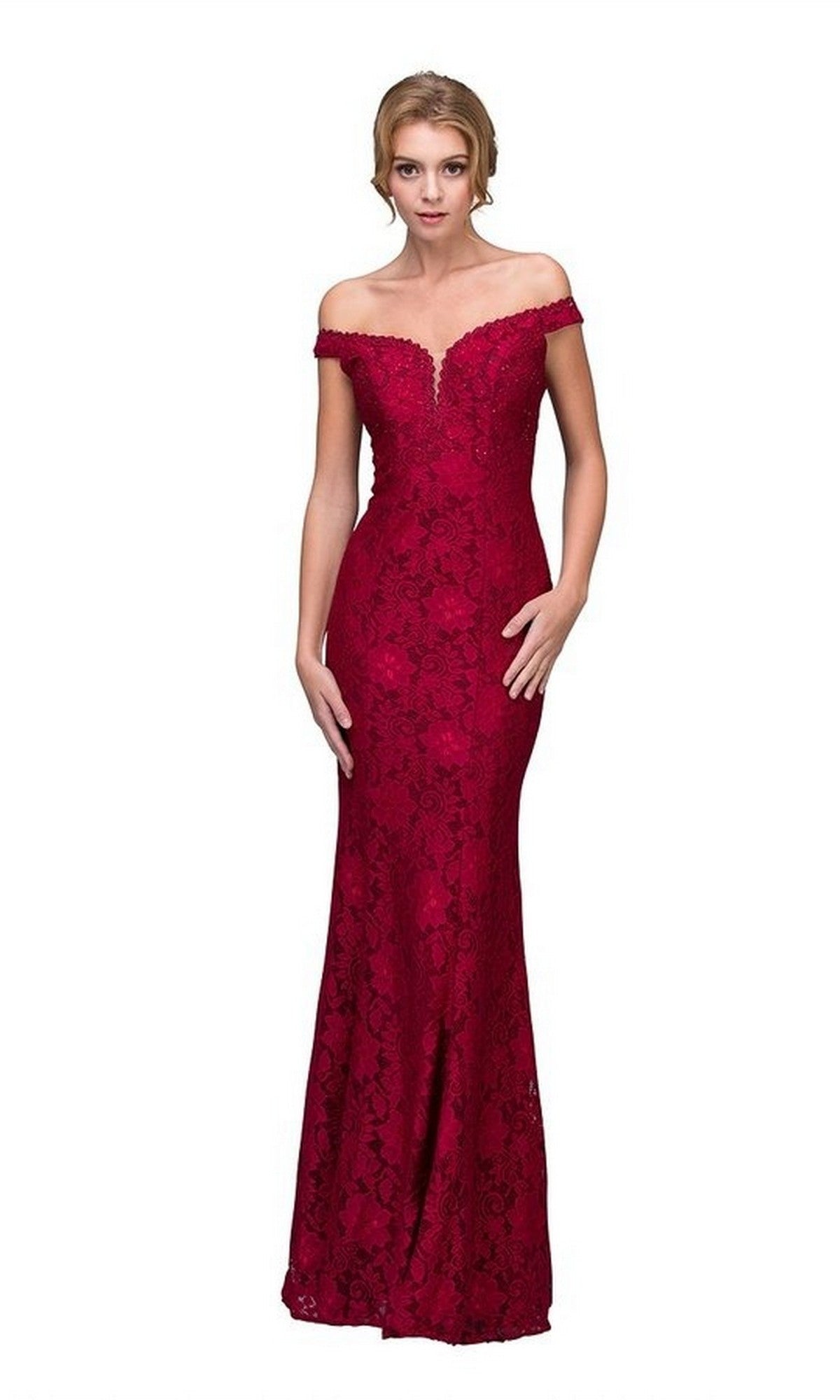 A woman wearing the Eureka 8050 long prom dress in fitted, off-the-shoulder burgundy lace stands against a plain white background.